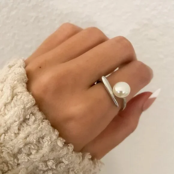925 Sterling Silver Pearl Ring Bar Ring Minimalist Dainty Ring Pearl Accent Ring - Picture 3 of 8